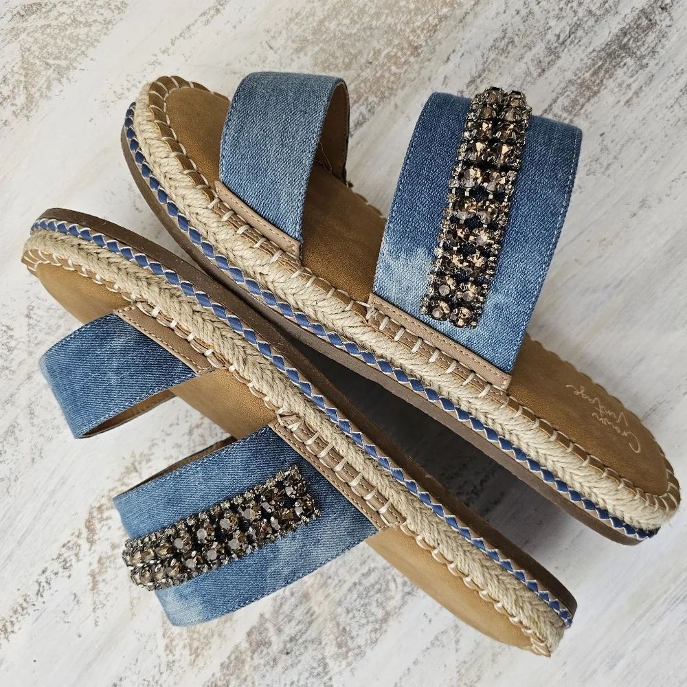 Nwob Crown Vintage Blue Denim Sandal Slides with Rhinestone Accent